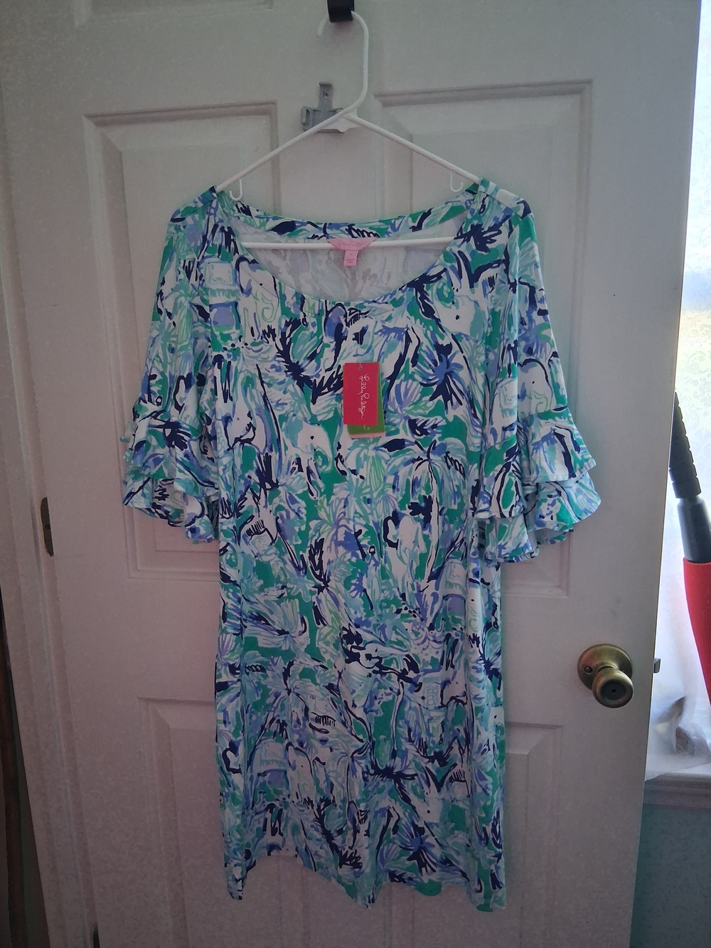 Lilly Pulitzer Teal Blue White Floral Ruffle-Sleeve Dress